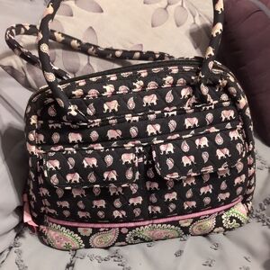 Quilted Black Elephant Print Shoulder Bag - Pink & Cream Accents